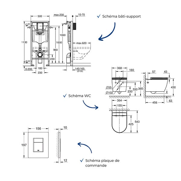 GROHE - Pack bâti-support mur porteur Rapid SL + Cuvette suspendue sans bride abattant Start Round + Plaque commande noir mat - large