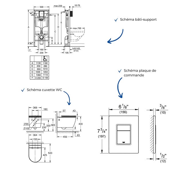GROHE - Pack WC suspendu sans bride caréné + Abattant Start + Bâti-support autoportant + Plaque commande Cool Sunrise - large