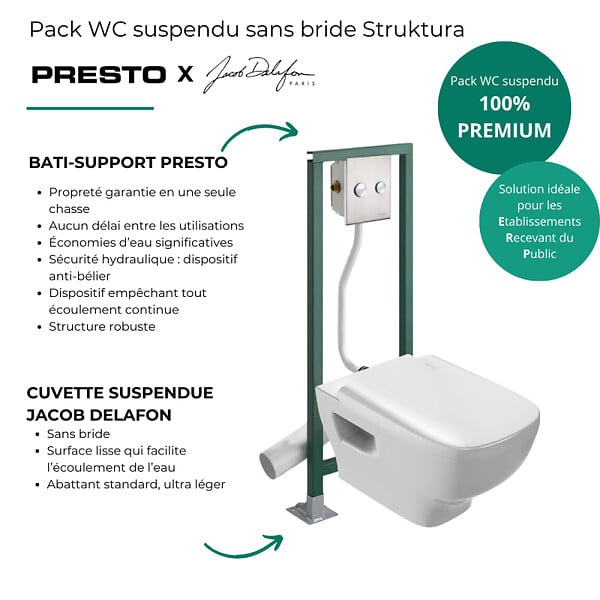 JACOB DELAFON - Pack WC suspendu sans bride Struktura + Abattant + Bâti-support autoportant + Plaque chromée - large