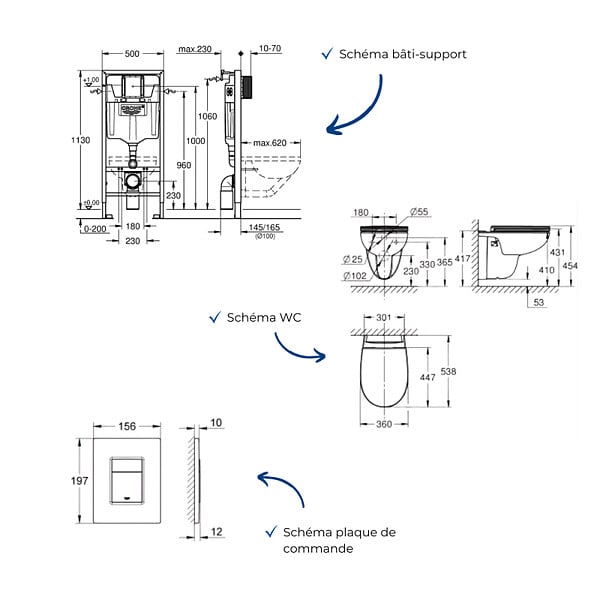 GROHE - Pack bâti-support mur porteur Rapid SL + Cuvette suspendue sans bride abattant Bau Ceramic + Plaque commande noir mat - large
