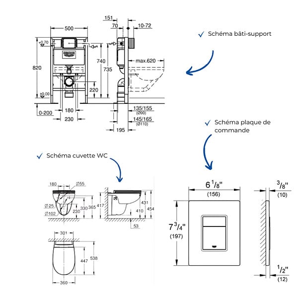 GROHE - Pack WC suspendu sans bride caréné + Abattant Bau Ceramic + Bâti-support hauteur réduite + Plaque commande Cool Sunrise - large