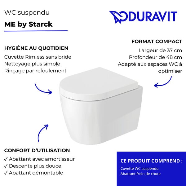 DURAVIT - Pack cuvette WC suspendu compact sans bride ME by Starck avec abattant frein de chute - large