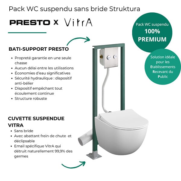 VITRA - Pack WC suspendu sans bride VitrA Sento blanc mat + Abattant frein de chute + Bâti-support autoportant + Plaque chromée - large