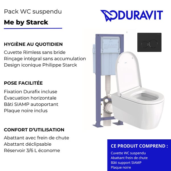 DURAVIT - Pack cuvette WC suspendu sans bride ME BY STARCK + abattant frein de chute + bâti-support + plaque noire - large