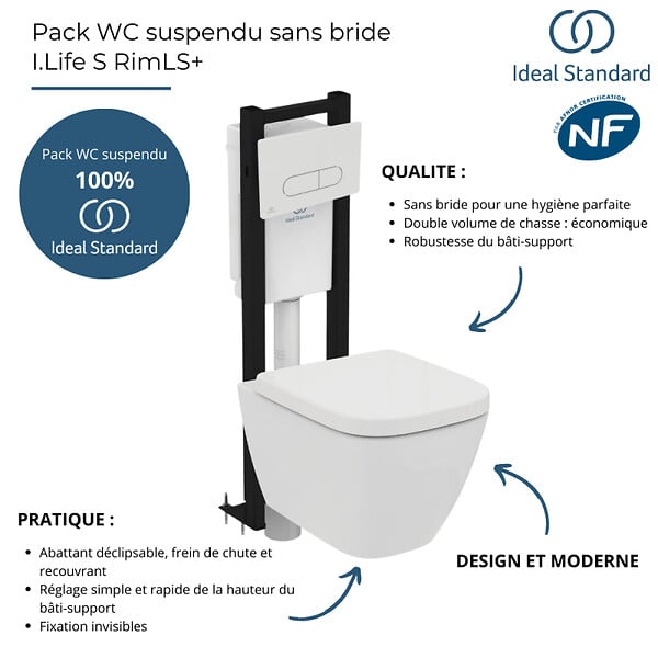IDEAL STANDARD - Pack WC suspendu sans bride I.Life S RimLS+ + Abattant frein de chute + Bâti-support autoportant + Plaque blanche - large