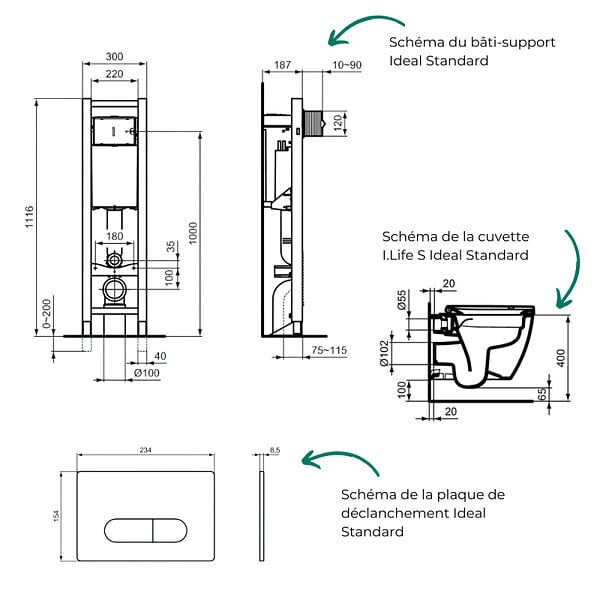 IDEAL STANDARD - Pack WC suspendu sans bride I.Life S RimLS+ + Abattant frein de chute + Bâti-support autoportant + Plaque blanche - large
