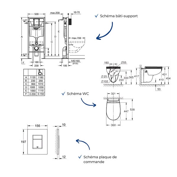 GROHE - Pack bâti-support autoportant Solido + Cuvette suspendue sans bride avec abattant Bau Ceramic + Plaque commande noir mat - large