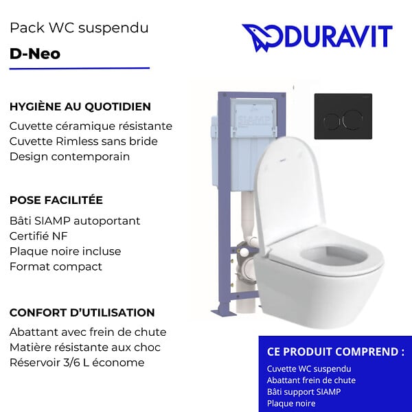 DURAVIT - Pack cuvette WC suspendu sans bride compact D-NEO + abattant frein de chute + bâti-support + plaque noire - large