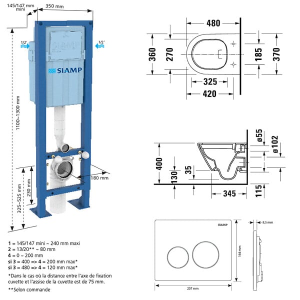 DURAVIT - Pack cuvette WC suspendu sans bride compact D-NEO + abattant frein de chute + bâti-support + plaque noire - large