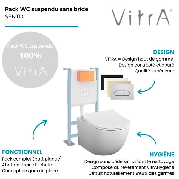 VITRA - Pack WC suspendu VitrA Sento blanc mat + bâti autoportant V-Fix Core + Plaque Round chromé - large