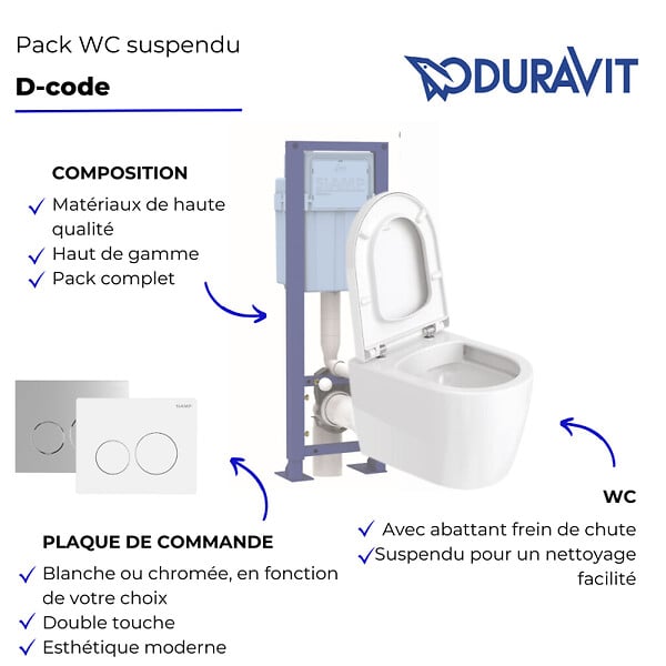 DURAVIT - Pack WC suspendu D-code avec abattant frein de chute synthétique + bati support + Plaque de commande chromée - large