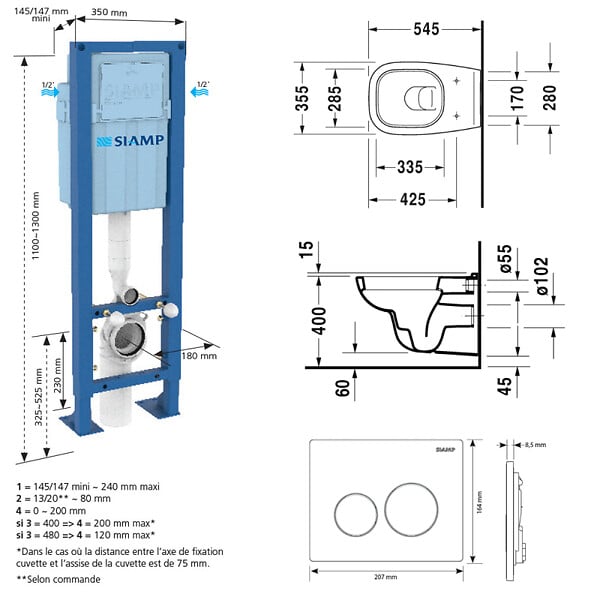 DURAVIT - Pack WC suspendu D-code avec abattant frein de chute synthétique + bati support + Plaque de commande chromée - large