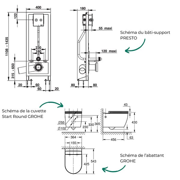 GROHE - Pack WC suspendu sans bride Start Round + Abattant frein de chute + Bâti-support autoportant + Plaque chromée - large