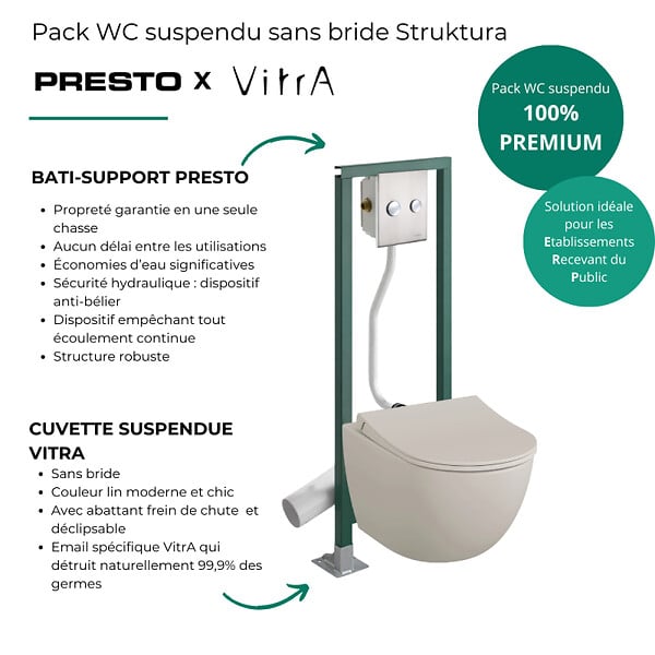 VITRA - Pack WC suspendu sans bride VitrA Sento lin + Abattant frein de chute + Bâti-support autoportant + Plaque chromée - large