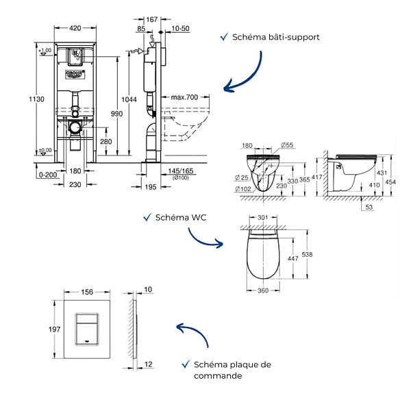 GROHE - Pack bâti-support largeur réduite Rapid SL + Cuvette suspendue sans bride abattant BauCeramic + Plaque commande noir mat - large