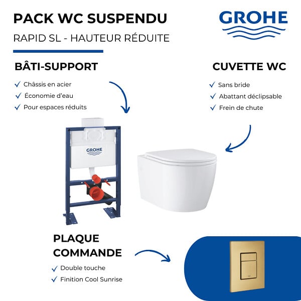 GROHE - Pack WC suspendu sans bride caréné + Abattant Start + Bâti-support hauteur réduite + Plaque commande Cool Sunrise - large