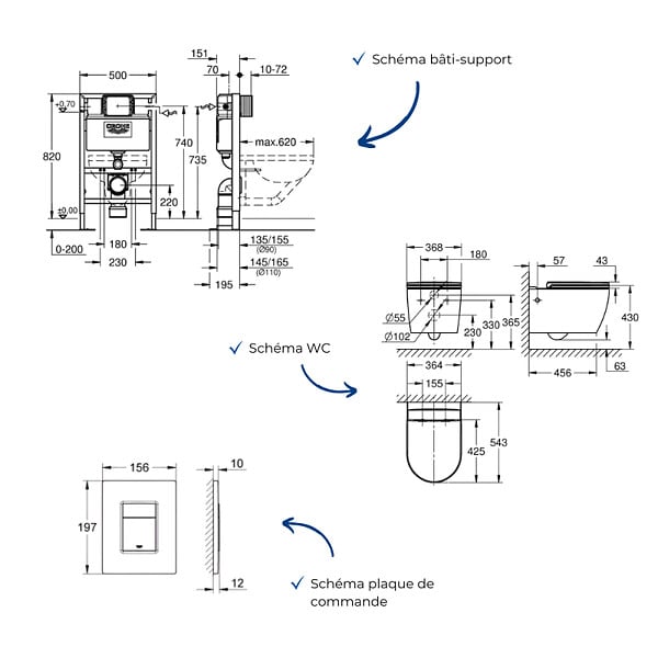 GROHE - Pack bâti-support hauteur réduite Rapid SL + Cuvette suspendue sans bride abattant StartRound + Plaque commande noir mat - large