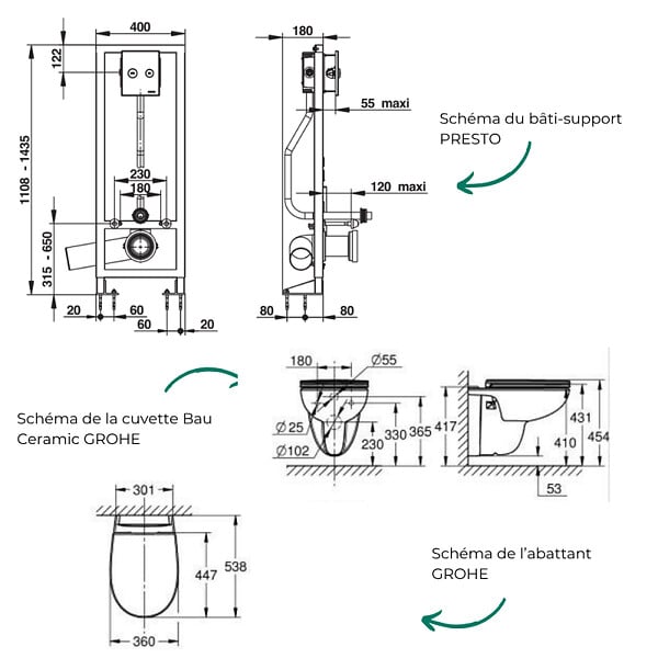 GROHE - Pack WC suspendu sans bride Bau Ceramic  + Abattant frein de chute + Bâti-support autoportant + Plaque chromée - large