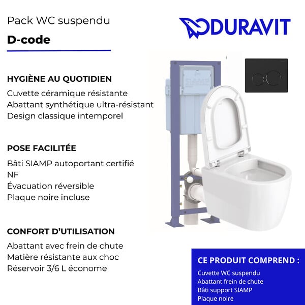 DURAVIT - Pack cuvette WC suspendu D-CODE + abattant frein de chute + bâti-support + plaque noire - large