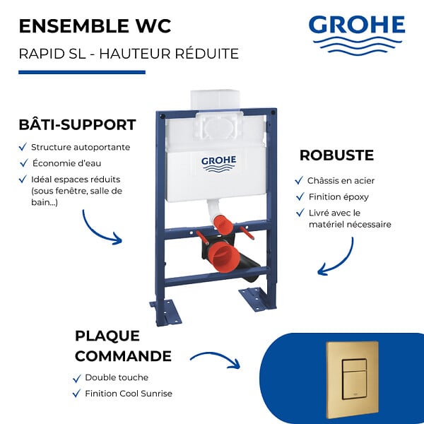 GROHE - Bâti-support hauteur réduite Rapid SL + Plaque commande Skate Cosmopolitan Cool Sunrise - large