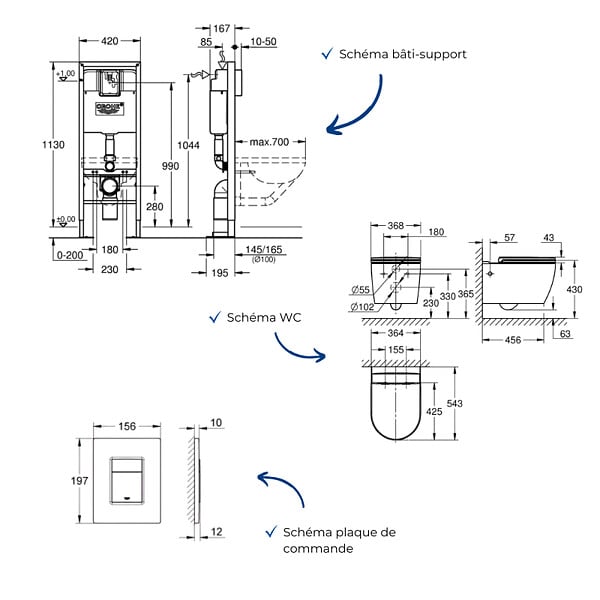 GROHE - Pack bâti-support largeur réduite Rapid SL + Cuvette suspendue sans bride abattant StartRound + Plaque commande noir mat - large