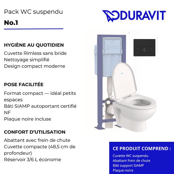 DURAVIT - Pack cuvette WC suspendu sans bride compact NO. 1 + abattant frein de chute + bâti-support + plaque noire - large
