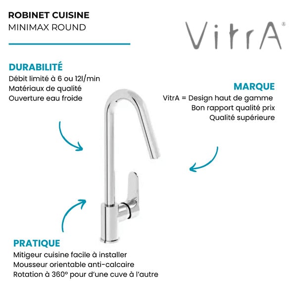 VITRA - Robinet de cuisine haut VitrA Minimax Round chromé - large