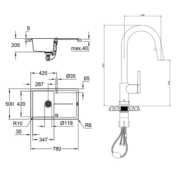 GROHE - Grohe K400 Evier en quartz composite avec égouttoir réversible 780x500 mm + Ceramia Timeless mitigeur (G31639TML2BM-SET) - large
