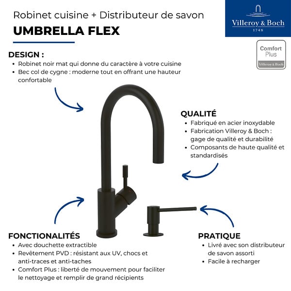 VILLEROY ET BOCH - Robinet cuisine  Umbrella flex + Distributeur de savon Noir mat - large