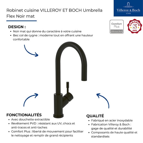 VILLEROY ET BOCH - Robinet cuisine  Umbrella flex noir mat - large