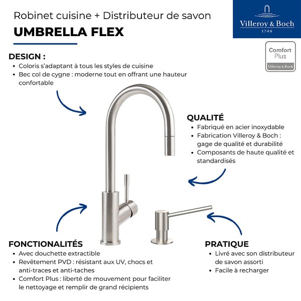 VILLEROY ET BOCH - Robinet cuisine  Umbrella flex + Distributeur de savon Acier massif - large