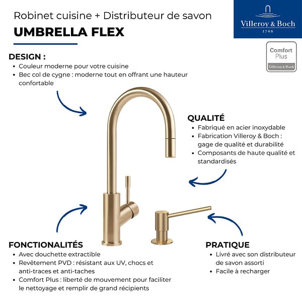 VILLEROY ET BOCH - Robinet cuisine  Umbrella flex + Distributeur de savon Or mat - large