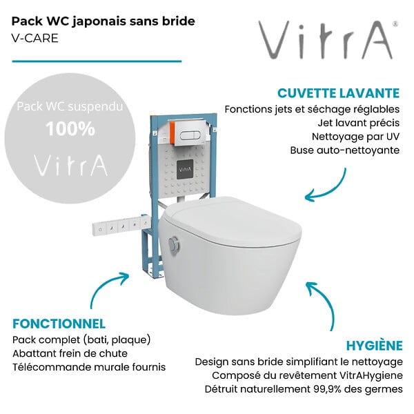 VITRA - Pack WC lavant suspendu sans bride avec abattant et attentes électriques VitrA V-Care Ultra blanc + bâti autoportant V-Fix Easy + plaque chromé - large
