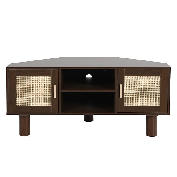 OVIALA - Meuble TV d'angle 120 cm en rotin synthétique scandinave bois foncé - Adam - large