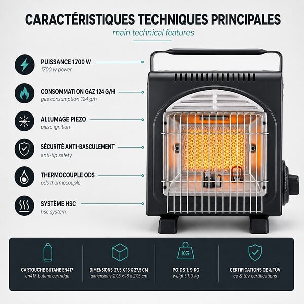 INTEC - Chauffage à Gaz Portable 1700W Fuego – Chauffage gaz céramique pour extérieur, pêche, camping Anti-Basculement Fusible ODS INTEC - large