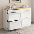 ID MARKET - Buffet bas de cuisine 120 cm casserolier VITO plan de travail H.83 cm 6 tiroirs blanc et plateau façon hêtre - vignette