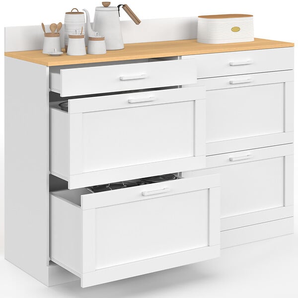 ID MARKET - Buffet bas de cuisine 120 cm casserolier VITO plan de travail H.83 cm 6 tiroirs blanc et plateau façon hêtre - large