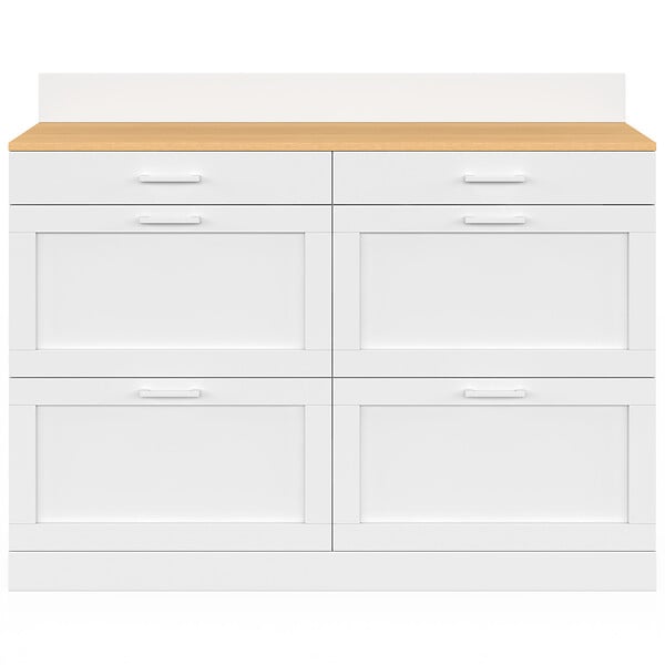 ID MARKET - Buffet bas de cuisine 120 cm casserolier VITO plan de travail H.83 cm 6 tiroirs blanc et plateau façon hêtre - large