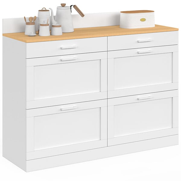 ID MARKET - Buffet bas de cuisine 120 cm casserolier VITO plan de travail H.83 cm 6 tiroirs blanc et plateau façon hêtre - large