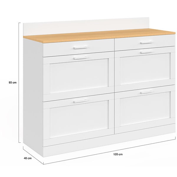 ID MARKET - Buffet bas de cuisine 120 cm casserolier VITO plan de travail H.83 cm 6 tiroirs blanc et plateau façon hêtre - large