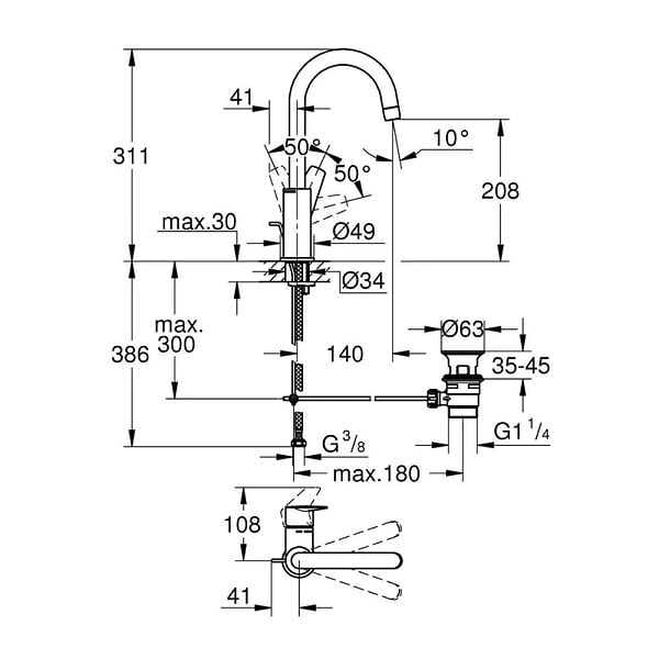 GROHE - Robinet lavabo avec tirette et vidage Start Edge - large