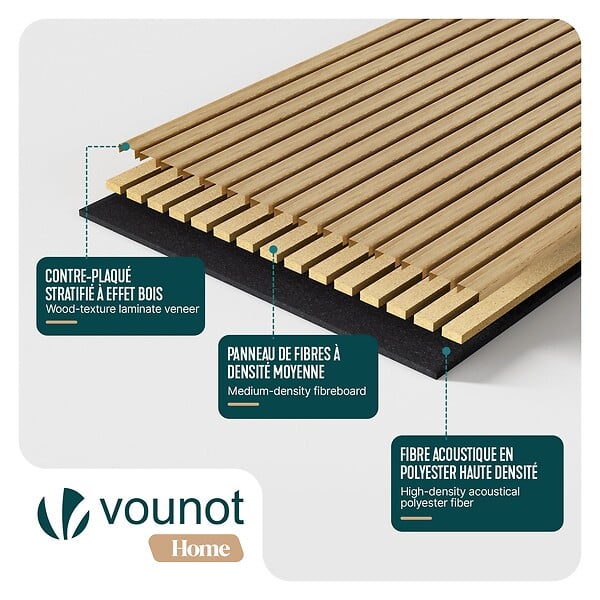 VOUNOT - Lot de 4 panneaux acoustiques muraux Tasseaux en bois MDF avec feutre noir 120x60x2.1cm chêne clair - large