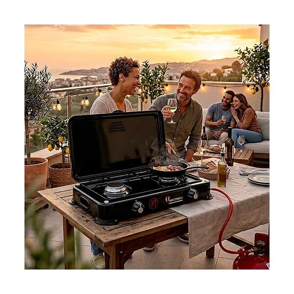 INTEC - Réchaud à gaz portable 2 feux 3200W Brûleurs Inox - Plaque de cuisson gaz Butane ou Propane Design Noir INTEC - large