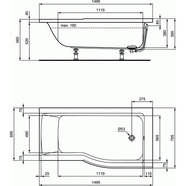 IDEAL STANDARD - IDEAL STANDARD Baignoire Connect air 150 X 80 avec Pare Bain avec volet asymétrique droite - large
