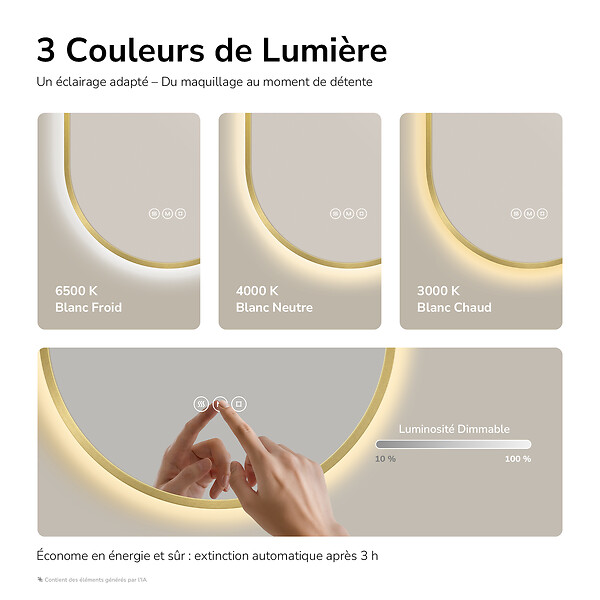EMKE - EMKE Miroir de salle de bain LED Ovale Cadre Doré Brossé 45x75 cm, Anti-buée, Interrupteur tactile, 3 couleurs de lumière réglable, Mémoire - large