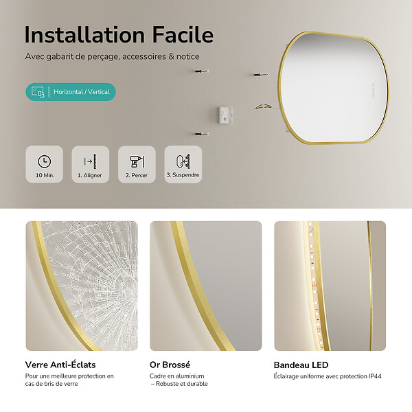 EMKE - EMKE Miroir de salle de bain LED Ovale Cadre Doré Brossé 45x75 cm, Anti-buée, Interrupteur tactile, 3 couleurs de lumière réglable, Mémoire - large
