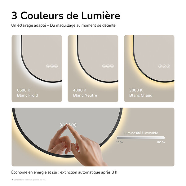 EMKE - EMKE Miroir de salle de bain LED Ovale Cadre Noir 45x75 cm, Anti-buée, Interrupteur tactile, 3 couleurs de lumière réglable, Mémoire - large