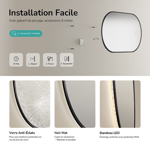 EMKE - EMKE Miroir de salle de bain LED Ovale Cadre Noir 45x75 cm, Anti-buée, Interrupteur tactile, 3 couleurs de lumière réglable, Mémoire - large