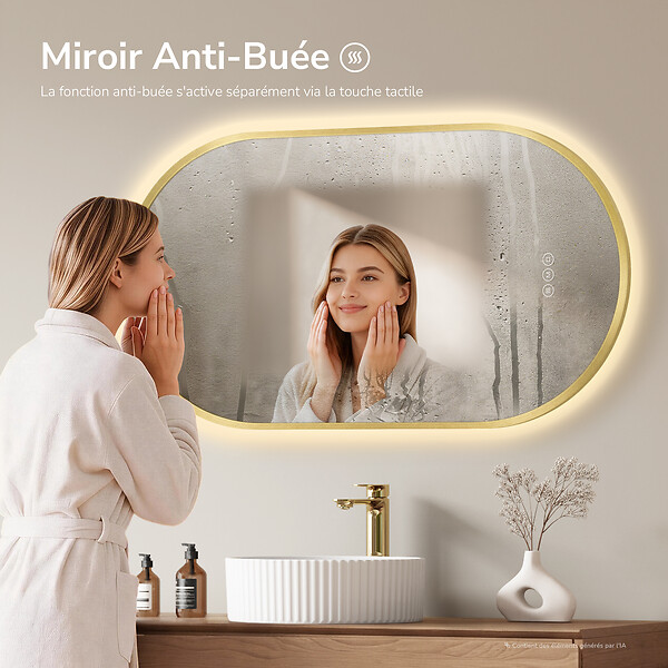 EMKE - EMKE Miroir de salle de bain LED Ovale Cadre Doré Brossé 50x90 cm, Anti-buée, Interrupteur tactile, 3 couleurs de lumière réglable, Mémoire - large