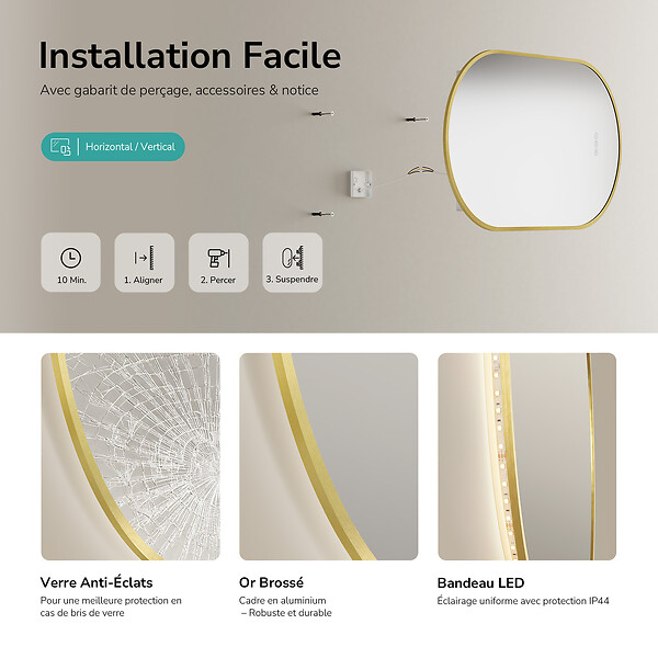 EMKE - EMKE Miroir de salle de bain LED Ovale Cadre Doré Brossé 50x90 cm, Anti-buée, Interrupteur tactile, 3 couleurs de lumière réglable, Mémoire - large